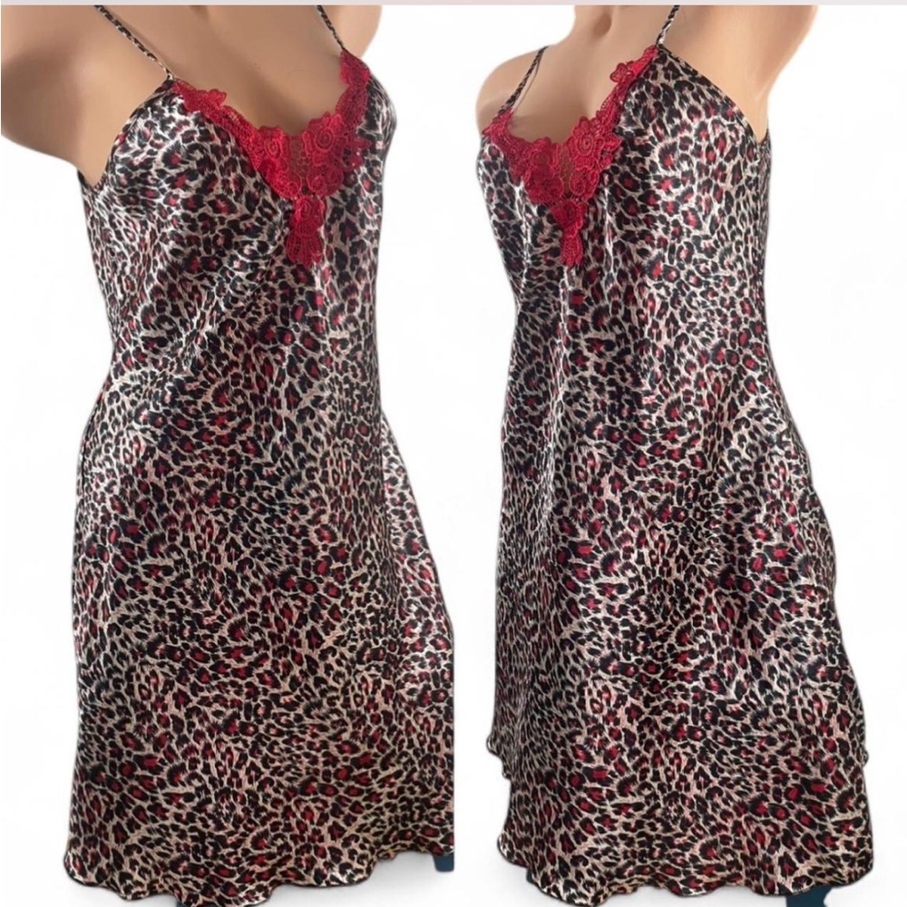 Satiny Chemise Leopard Animal Print Floral Red Lace Trim XL
